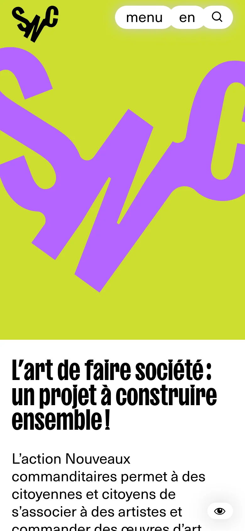 The mobile version maintains the lime green and purple hero design but scales the large 'SNC' graphic and text to fit the narrow screen. The navigation menu, language selector, and search icon are condensed into a single pill-shaped button at the top, and the content below follows a single-column vertical layout.