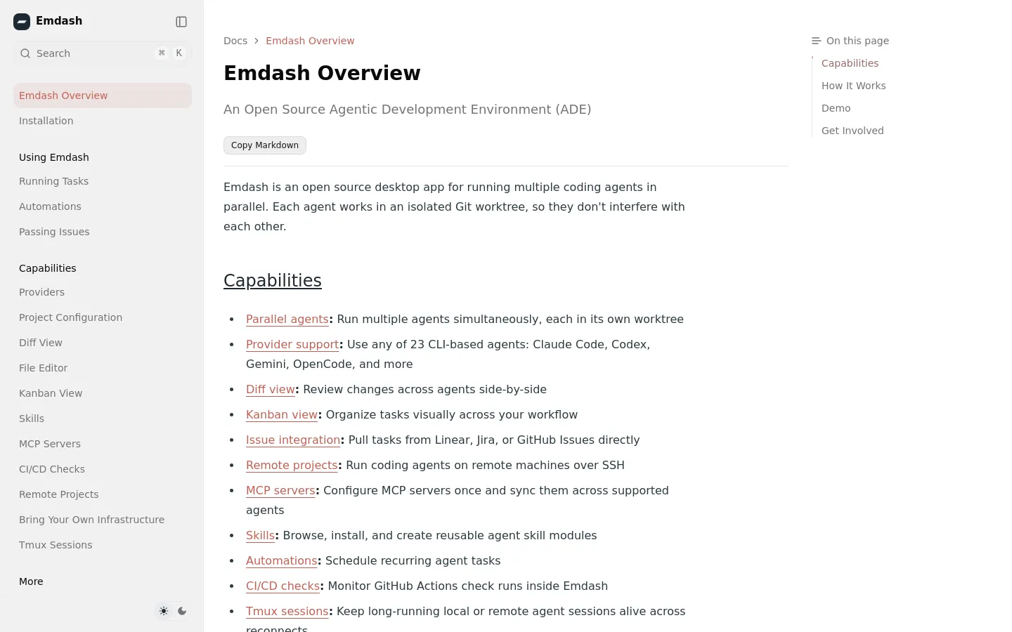 The desktop view shows a documentation page for Emdash with a clean, light-themed layout. A left-hand sidebar contains a hierarchical navigation menu with sections like 'Using Emdash' and 'Capabilities,' while the main content area features a large 'Emdash Overview' headline, a brief description, and a bulleted list of features under a 'Capabilities' heading. A right-hand 'On this page' navigation menu provides quick links to page sections.