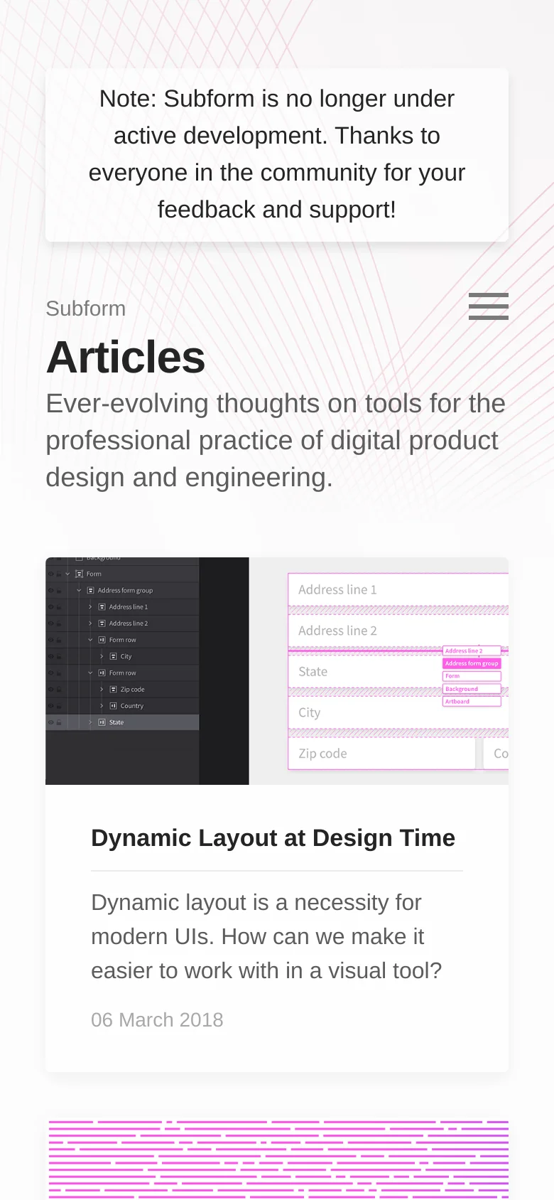 The mobile version features a single-column layout for easier scrolling. A prominent notification banner at the top states that Subform is no longer under active development, and the navigation menu is condensed into a hamburger icon next to the Subform logo.