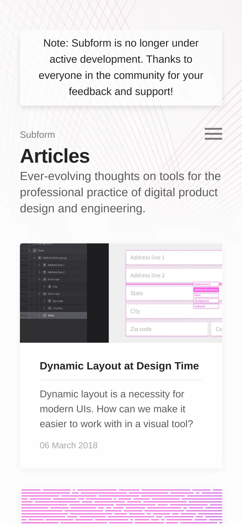 The mobile version features a single-column layout for easier scrolling. A prominent notification banner at the top states that Subform is no longer under active development, and the navigation menu is condensed into a hamburger icon next to the Subform logo.