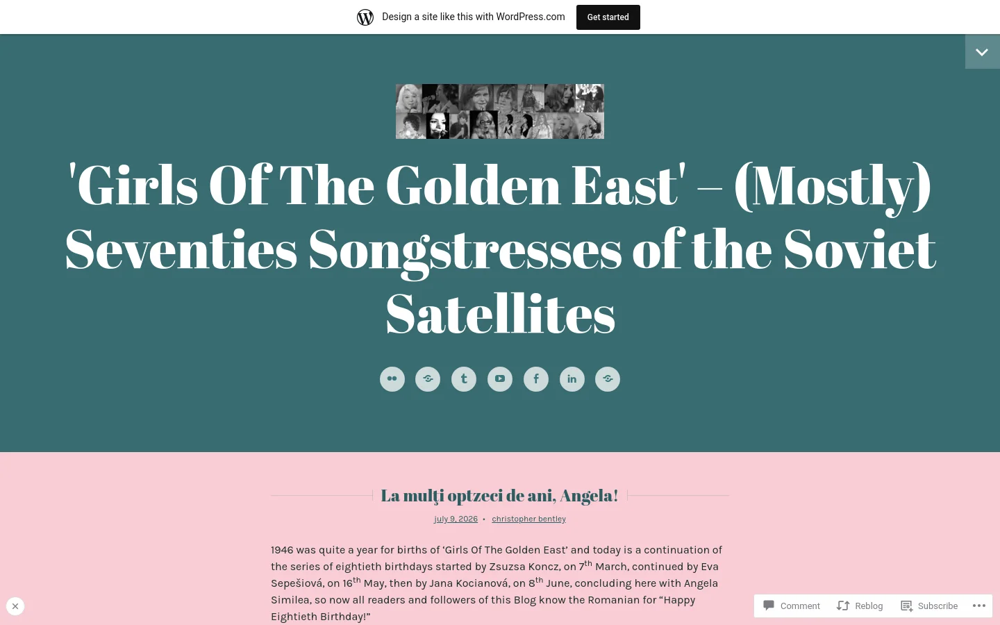 A blog post titled 'La mulți optzeci de ani, Angela!' on a white background with dark text. The header features a large teal section containing the site title, 'Girls Of The Golden East' – (Mostly) Seventies Songstresses of the Soviet Satellites, above a collage of black and white female portraits and social media icons.