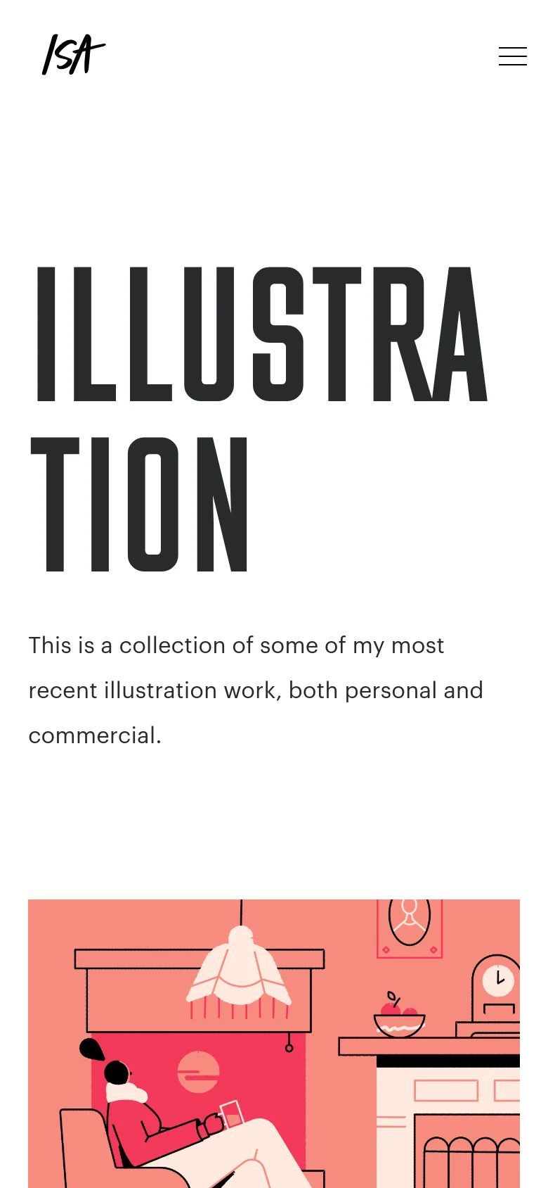 The mobile version displays a similar layout but uses a much larger, bold, all-caps 'ILLUSTRATION' headline that spans the width of the screen. The navigation is condensed into a hamburger menu icon in the top right, and the colorful coral-toned illustration is positioned below the introductory text.