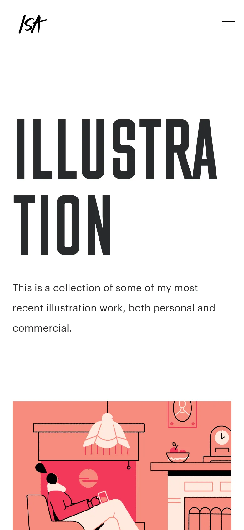 The mobile version displays a similar layout but uses a much larger, bold, all-caps 'ILLUSTRATION' headline that spans the width of the screen. The navigation is condensed into a hamburger menu icon in the top right, and the colorful coral-toned illustration is positioned below the introductory text.