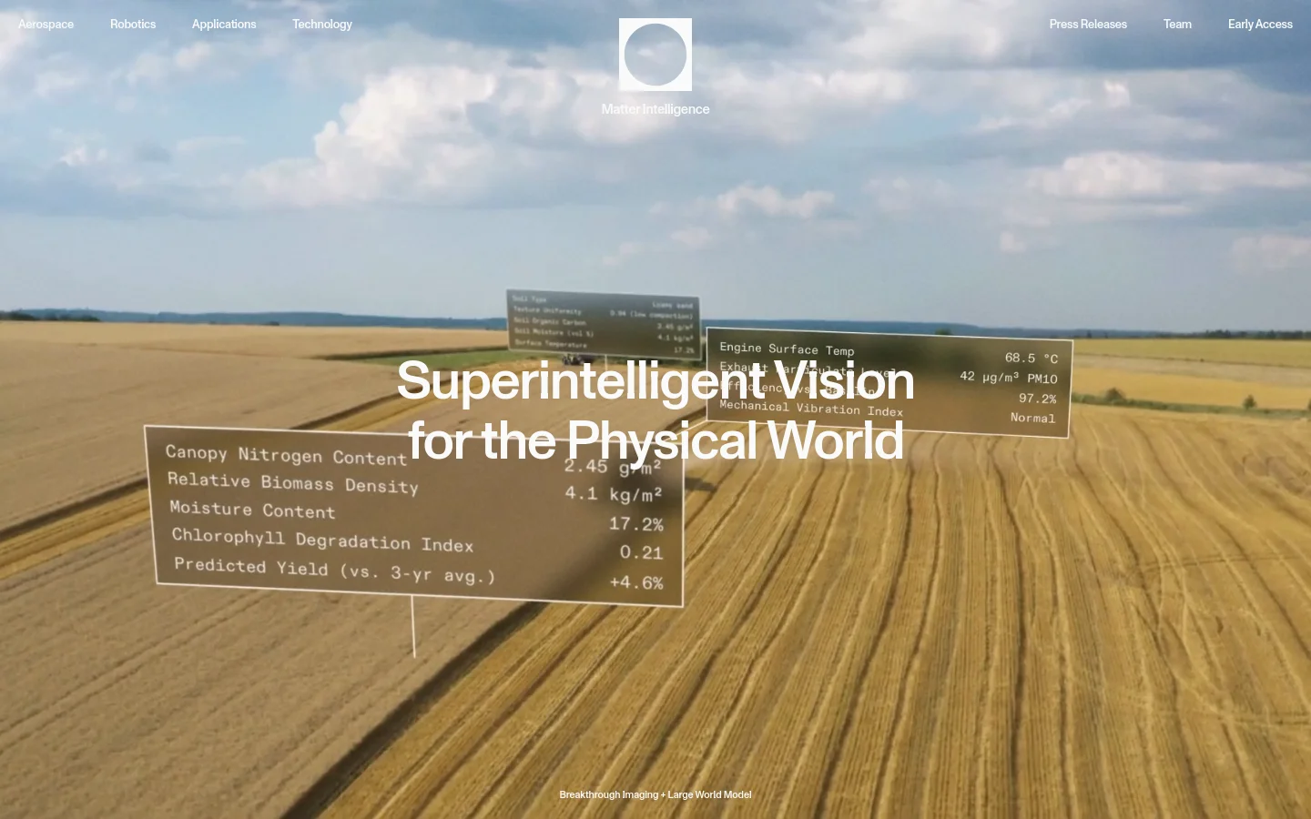 The desktop homepage features a wide cinematic hero image of a golden field under a cloudy sky, overlaid with large white text reading 'Superintelligent Vision for the Physical World'. A dark, semi-transparent data overlay displays technical metrics like 'Canopy Nitrogen Content' and 'Relative Biomass Density' over the landscape. The navigation bar at the top is minimal, containing links for Aerospace, Robotics, Applications, and Technology on the left, and Press Releases, Team, and Early Access on the right.