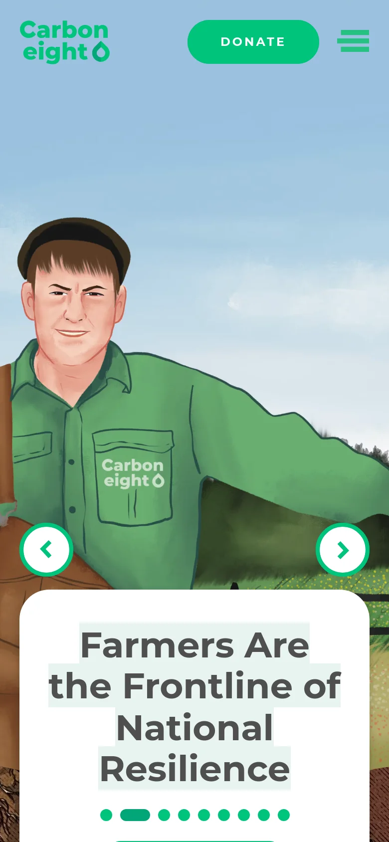The mobile version shows a vertically stacked layout with the Carbon8 logo and a teal 'DONATE' button at the top. The large farmer illustration dominates the screen, with the headline 'Farmers Are the Frontline of National Resilience' contained within a white floating card at the bottom.