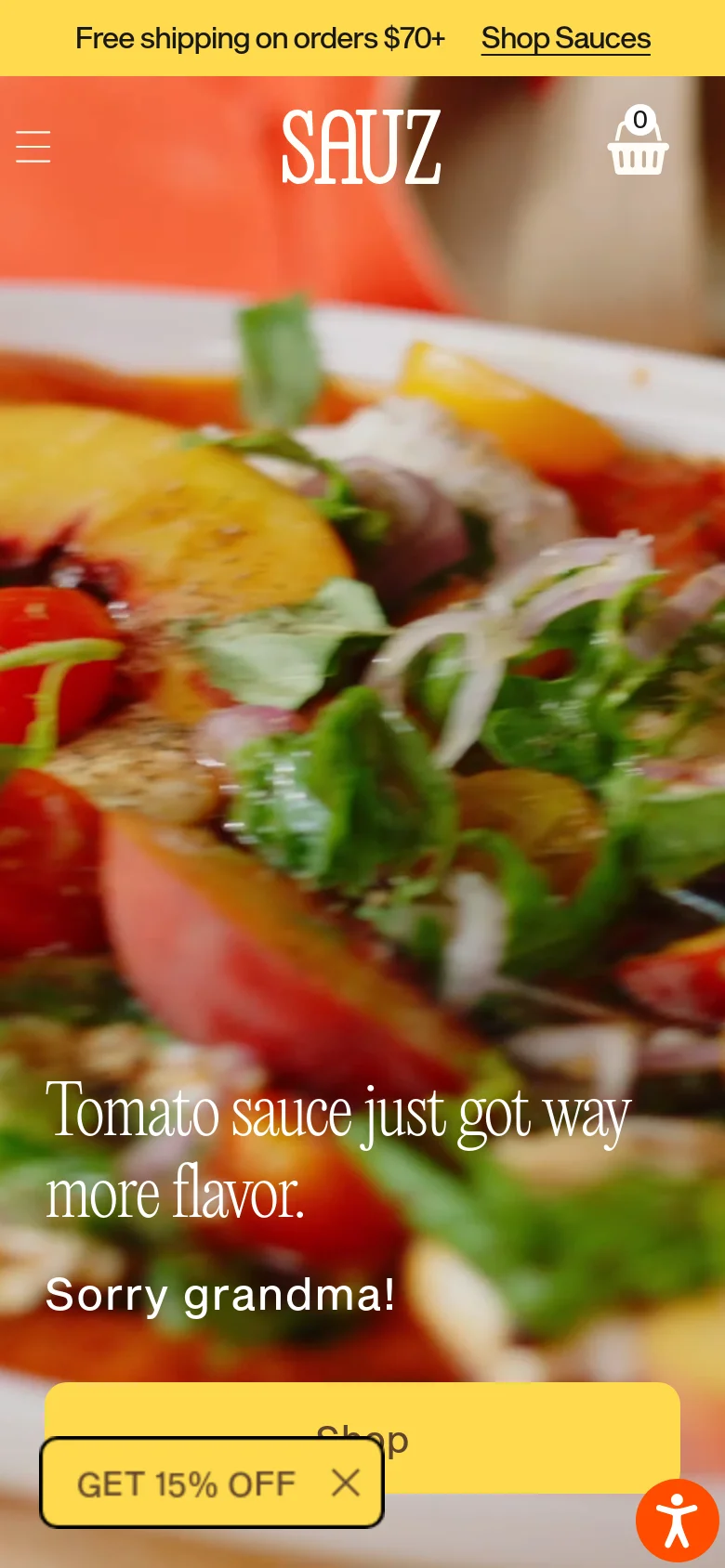The mobile version presents a vertically stacked layout with a simplified navigation menu represented by a hamburger icon. The hero section displays the same headline and yellow call-to-action button over a close-up food image, but includes a prominent 'GET 15% OFF' promotional banner at the bottom. The overall color palette remains warm and food-centric.