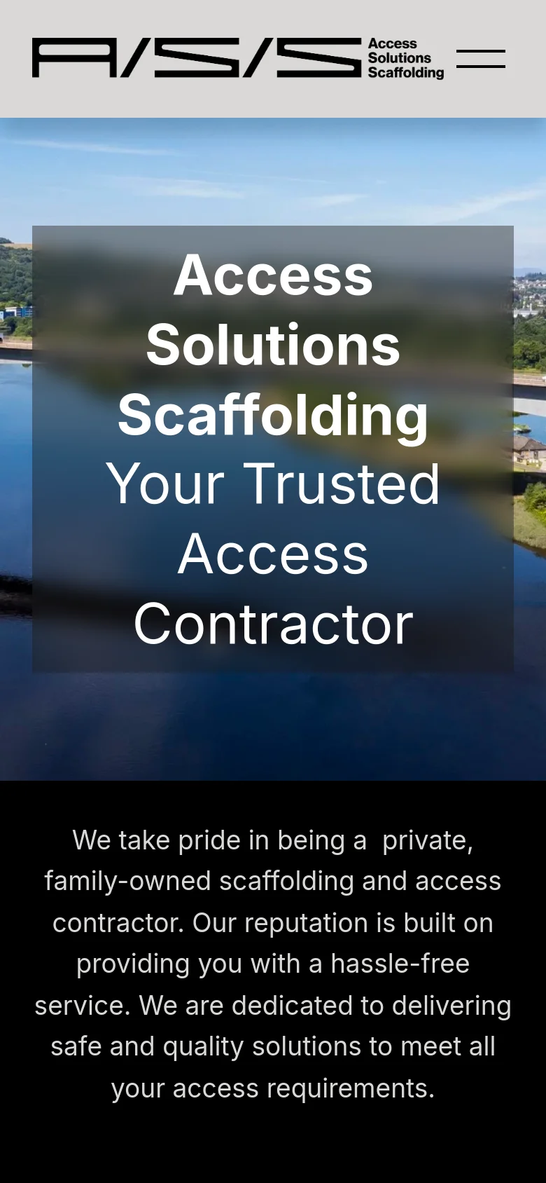 The mobile version displays a vertically stacked layout with the company logo and a hamburger menu icon at the top. The hero section features the same bridge imagery but with the text 'Access Solutions Scaffolding: Your Trusted Access Contractor' centered in a large, semi-transparent dark box, followed by a black section containing introductory text in white.