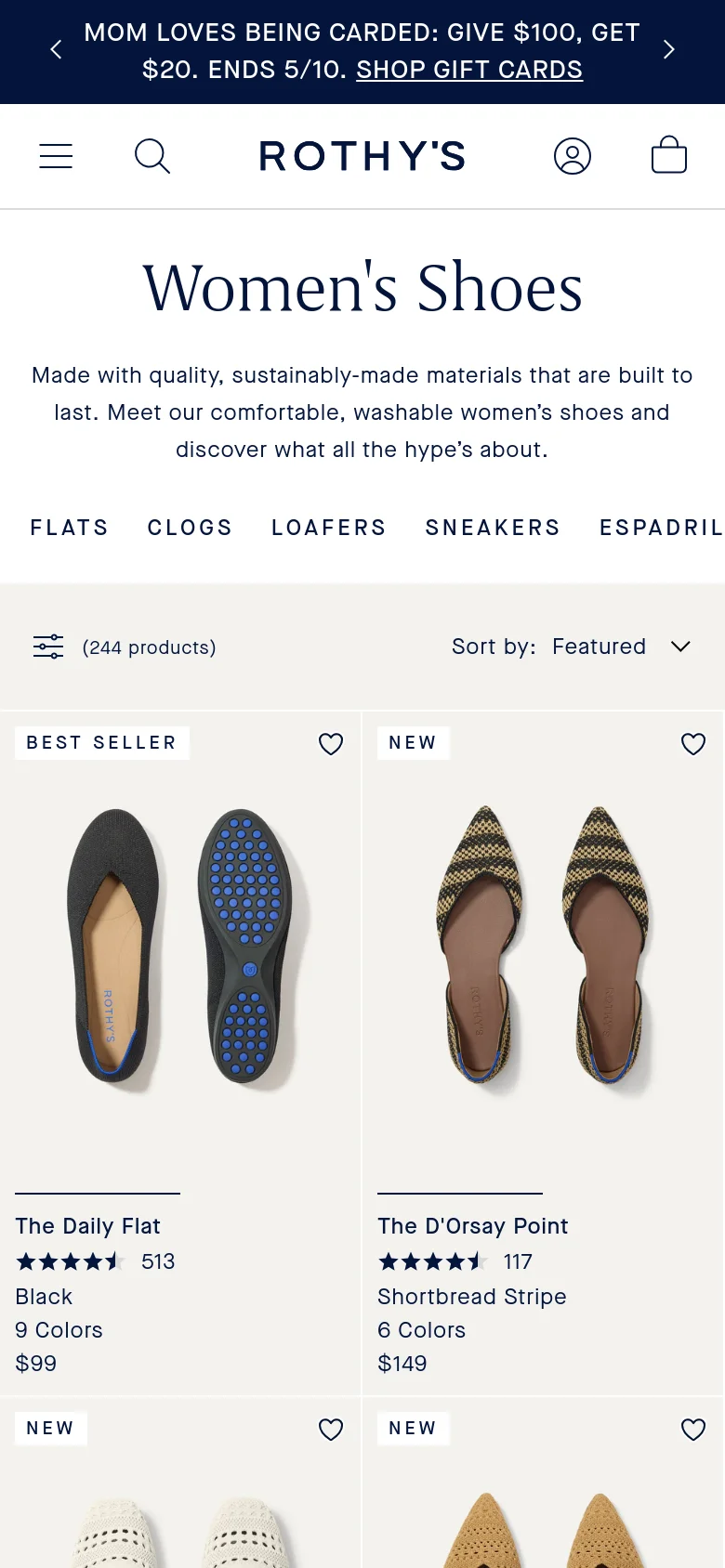 The mobile version presents a vertically stacked layout with the 'Women's Shoes' headline and description at the top. The category navigation is condensed into a single row of text links, and the product grid shifts to a two-column format showing product images, names, star ratings, and prices.