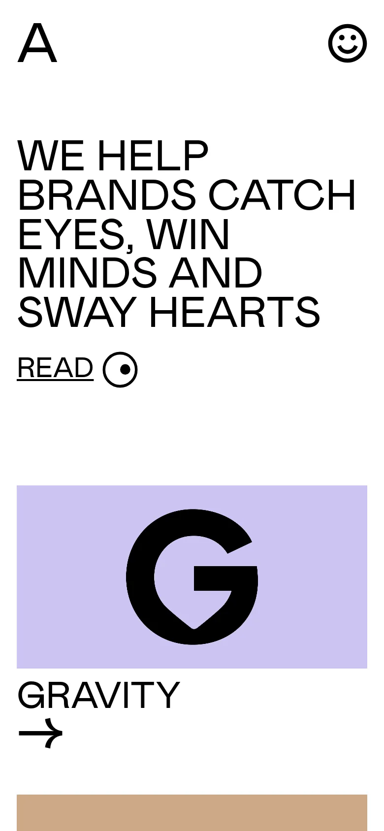 The mobile version maintains the minimalist aesthetic with large, stacked black typography on a white background. The headline and 'READ' call to action are centered and scaled for a vertical screen, and the project links transition into a single-column layout, starting with 'GRAVITY' against a light purple background block.