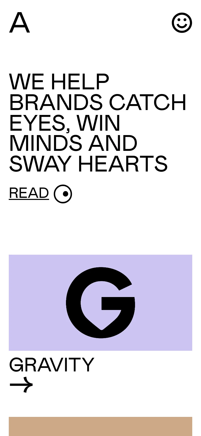 The mobile version maintains the minimalist aesthetic with large, stacked black typography on a white background. The headline and 'READ' call to action are centered and scaled for a vertical screen, and the project links transition into a single-column layout, starting with 'GRAVITY' against a light purple background block.