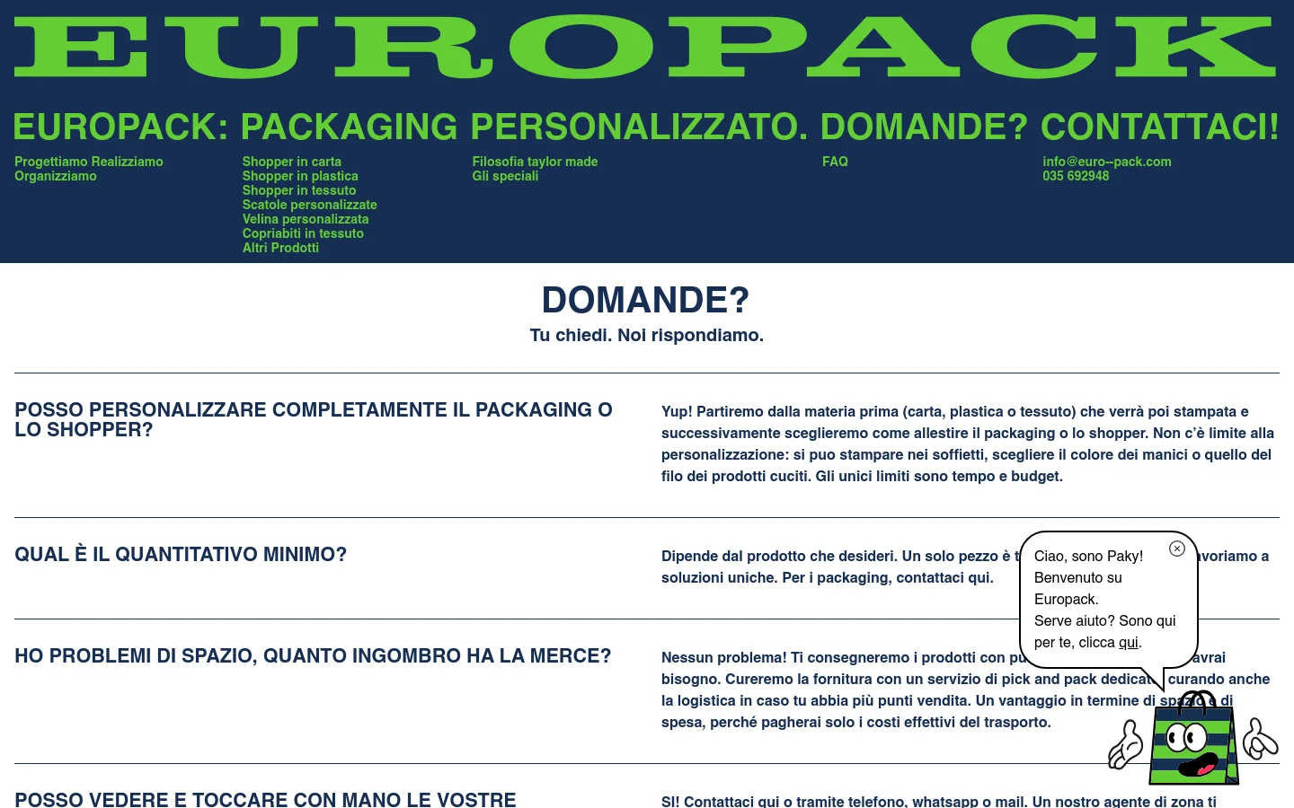 The desktop FAQ page features a dark green header with large yellow 'EUROPACK' branding and navigation links. Below, a clean white section contains the headline 'DOMANDE?' followed by several question-and-answer blocks organized in a two-column layout with bold headings on the left and descriptive text on the right.