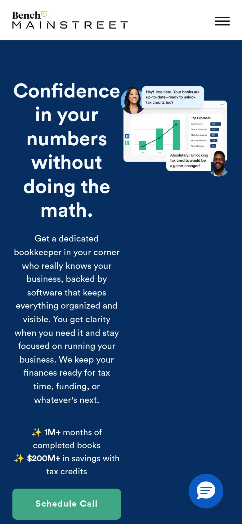 The mobile version uses a vertical layout with a deep blue background and white text. The headline and descriptive text are centered above the 'Schedule Call' button, while the software graphic is positioned below the text. A hamburger menu and a chat icon are visible for navigation.