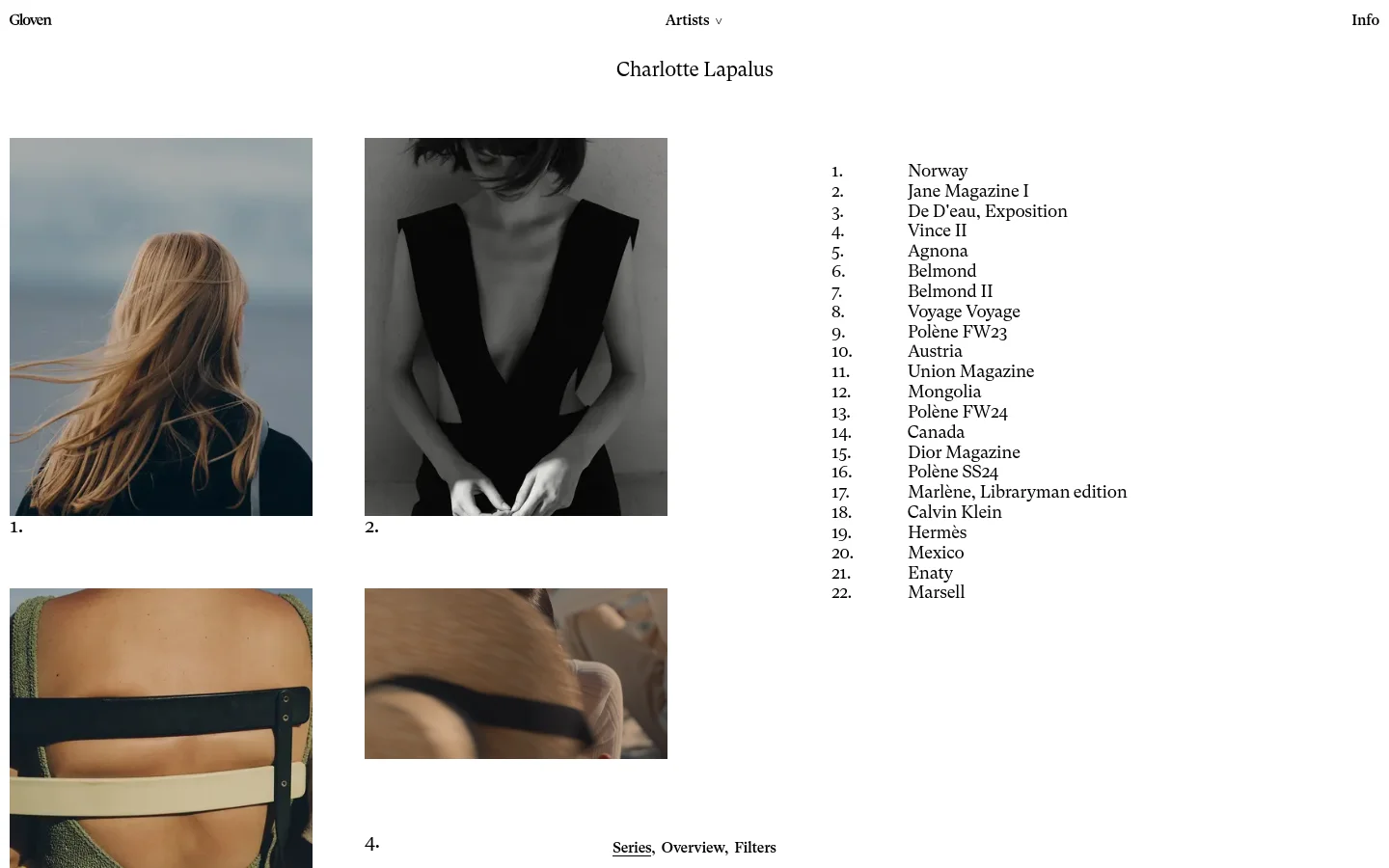 The desktop page features a minimalist design with a white background and black text, showcasing the photographer Charlotte Lapalus. A large heading is followed by a grid layout of large, high-quality photographic images paired with a numbered list of project titles on the right. The layout uses ample white space to emphasize the visual portfolio.