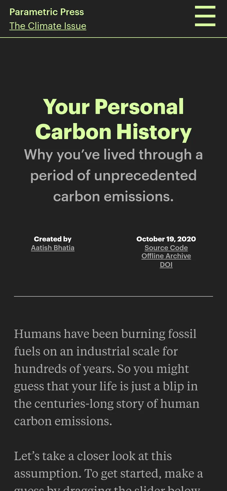 The mobile version maintains the dark theme and light-green text but uses a stacked layout to accommodate the narrower screen. The navigation menu is represented by a hamburger icon in the top right, and the large headline text wraps onto multiple lines.