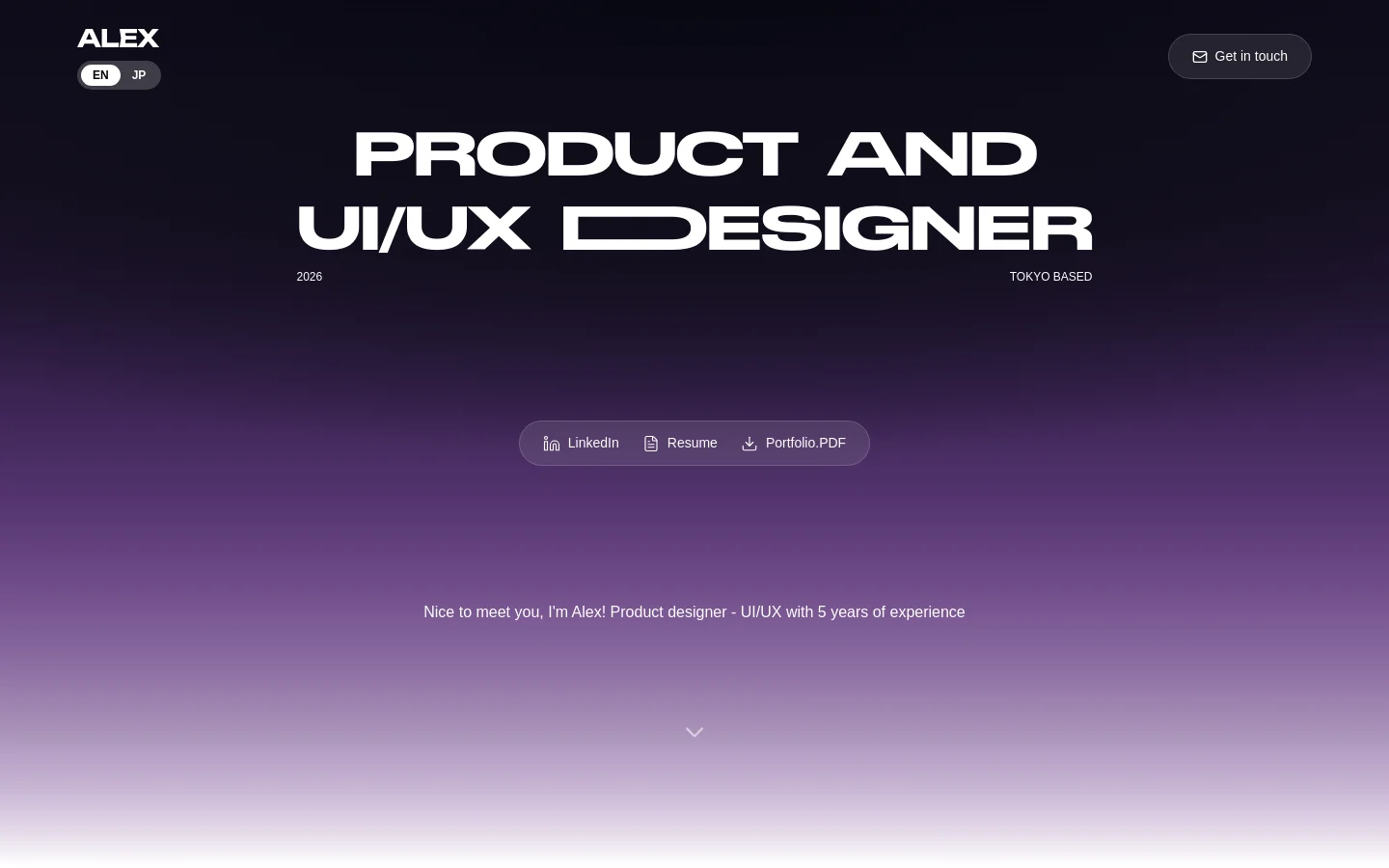 A minimalist portfolio homepage with a dark purple gradient background. Large, bold white typography displays 'PRODUCT AND UI/UX DESIGNER' in the center, flanked by '2026' and 'TOKYO BASED'. Navigation includes a language switcher, a 'Get in touch' button, and a centered pill-shaped menu with links to LinkedIn, Resume, and Portfolio PDF.