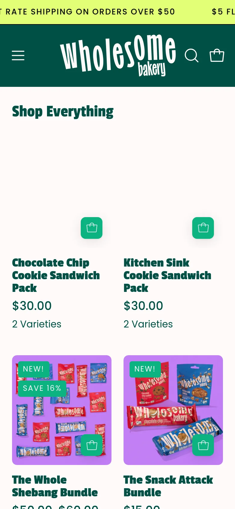 The mobile version uses a condensed dark teal header with a hamburger menu, logo, search icon, and shopping bag icon. The 'Shop Everything' product grid is reorganized into a single-column layout, showing large product images with teal 'add to cart' icons overlaid on the bottom right of each image.