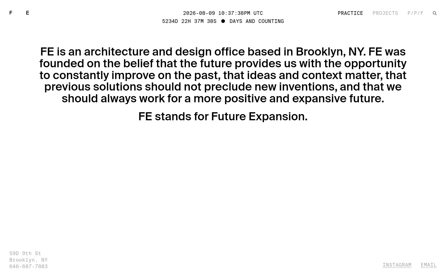 The Practice page features a minimalist white layout with black text. A large, centered headline explains the firm's philosophy, positioned below a top navigation bar containing a countdown timer and links to Practice, Projects, and P/P/F. The footer contains contact information and links to Instagram and Email.