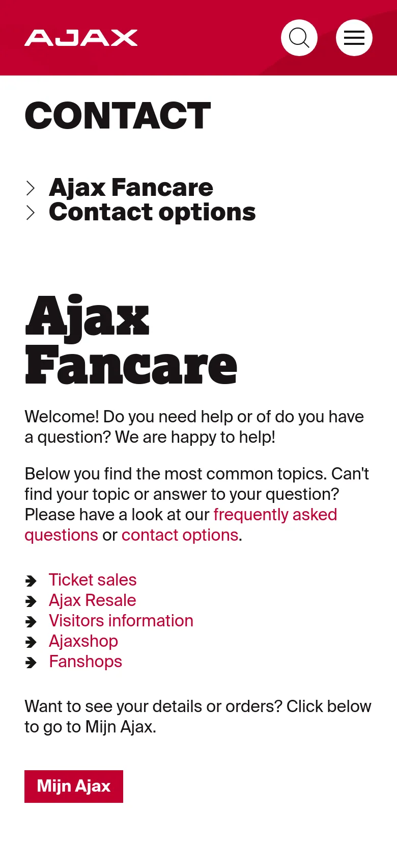 The mobile version displays a simplified layout with a red header containing the Ajax logo, a search icon, and a hamburger menu icon. The content is vertically stacked, featuring the 'CONTACT' title, navigation anchors, and a list of Fancare links followed by a prominent red 'Mijn Ajax' button.