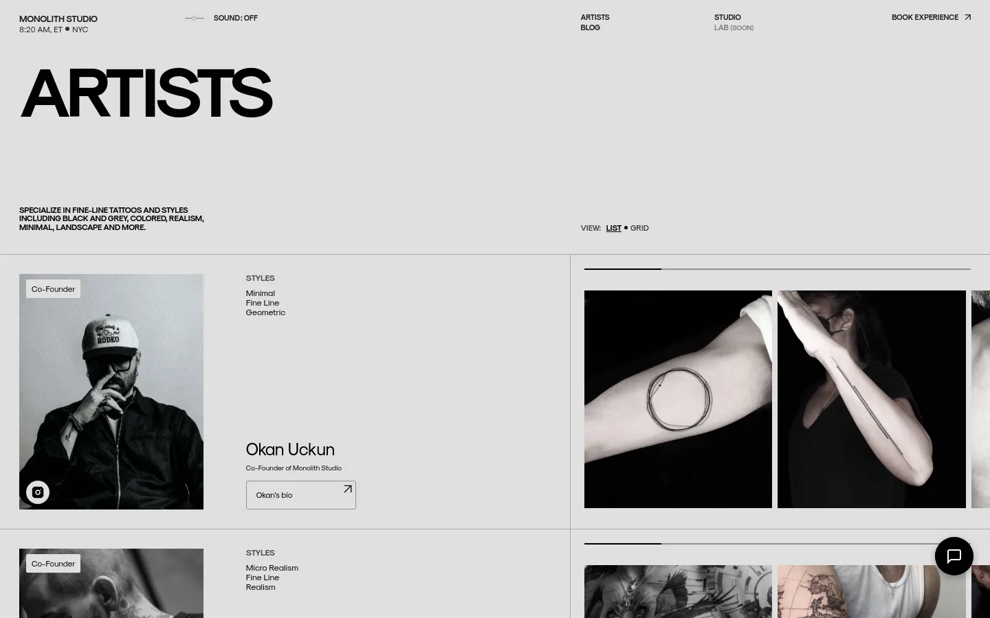 The desktop page features a minimalist light gray background with large, bold black 'ARTISTS' heading. Below the header, artist profiles are displayed in a list view, showing a black and white portrait of Okan Uckun, his specialty styles, and a button to view his bio alongside a gallery of his tattoo work.