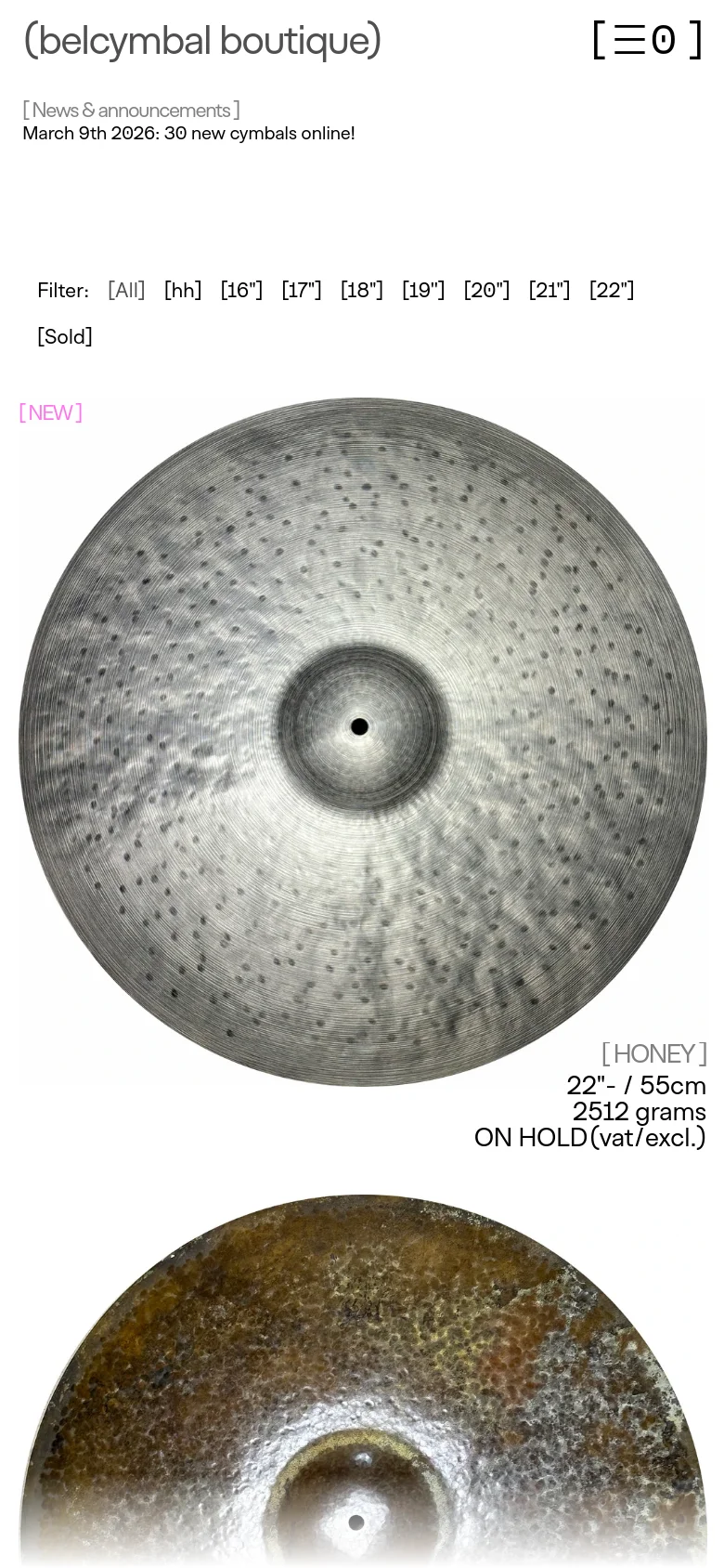 The mobile version presents a single-column vertical layout of large, detailed cymbal images. The text information, including product names like 'HONEY' and 'BALOO' and their specifications, is positioned directly below or overlaid on each large image. The header is simplified with a hamburger menu icon and the brand name.