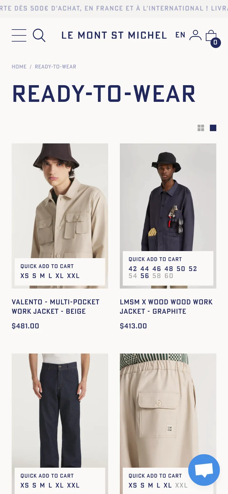 The mobile version presents a simplified vertical layout with a hamburger menu and a centered brand logo. The 'READY-TO-WEAR' headline is prominent, followed by a single-column grid of product images. Each product image includes a 'QUICK ADD TO CART' overlay with available sizes and the item's price listed below.