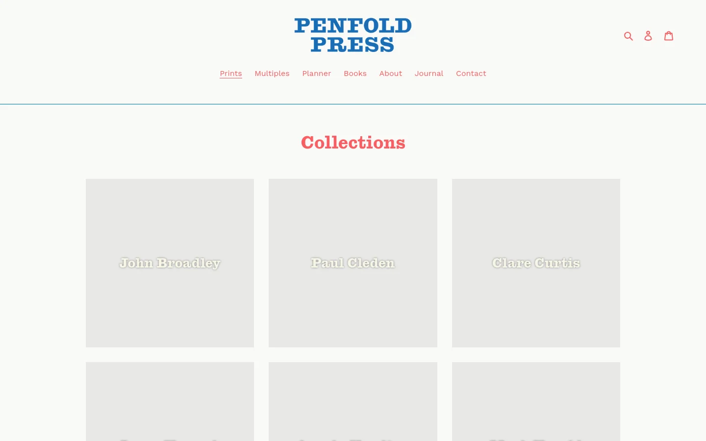 The desktop page features a clean white background with the Penfold Press logo centered at the top. Below a navigation menu, the headline 'Collections' appears in red, followed by a grid of large, light gray rectangular tiles, each containing the name of a different artist in white serif text.