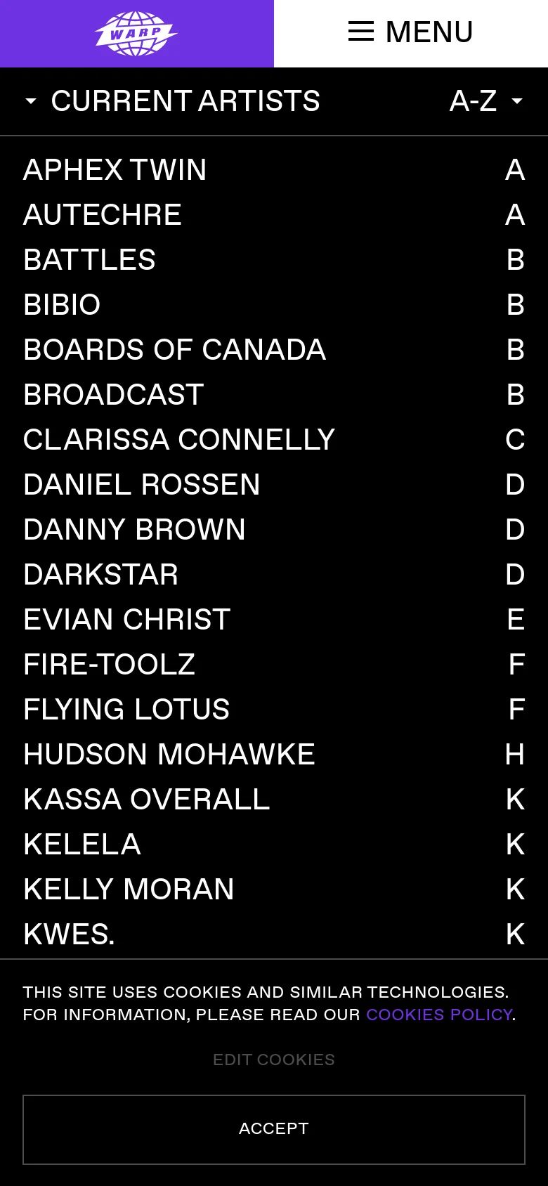 The mobile version maintains the black and white minimalist aesthetic but uses a condensed layout. The top navigation includes a hamburger menu icon, and the artist list is presented in a single column with slightly smaller text to fit the narrow screen.