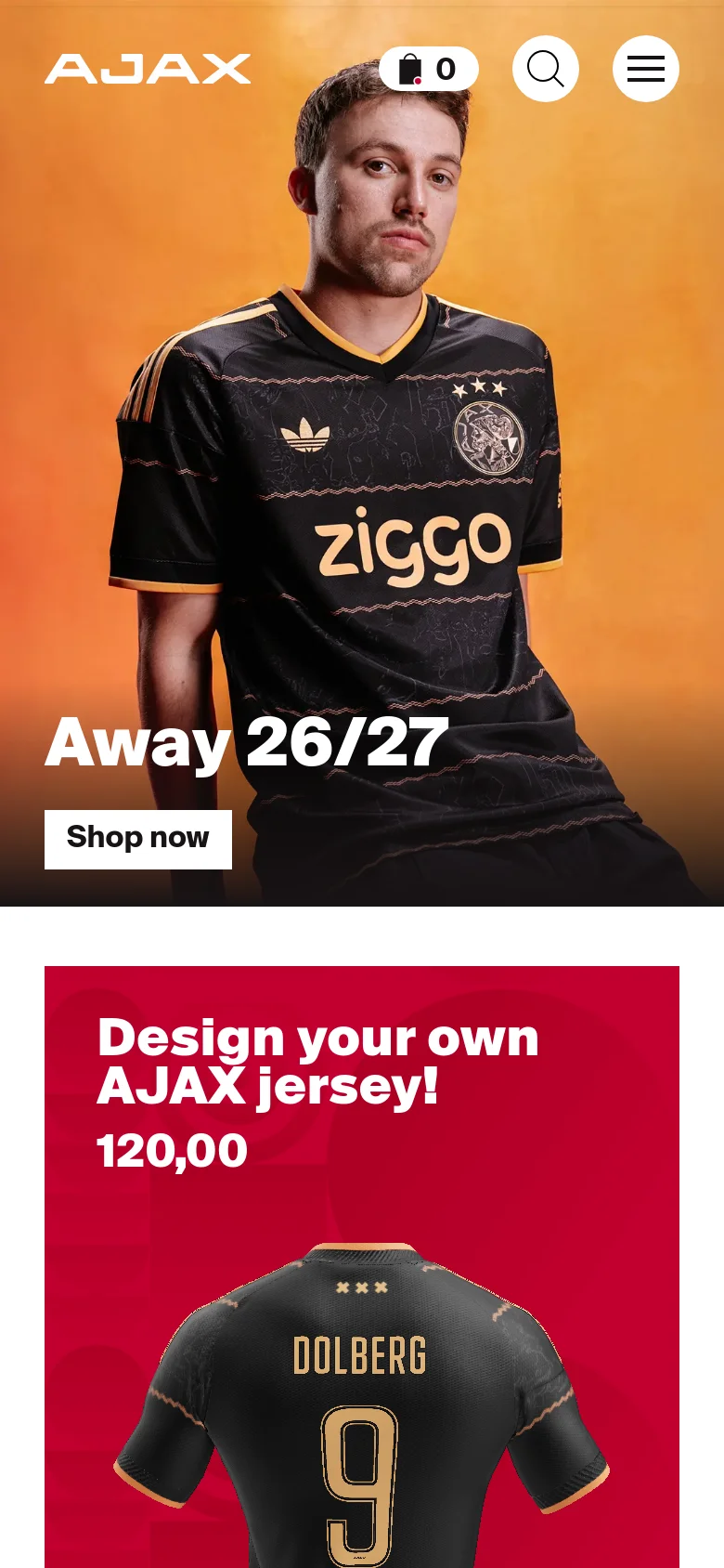 The mobile version presents a vertically stacked layout optimized for smaller screens, starting with a centered hero image of a player in the Away 26/27 kit. Below the hero section, a prominent red banner invites users to 'Design your own AJAX jersey!' with a price of 120,00. The navigation is condensed into a hamburger menu and a search icon at the top.