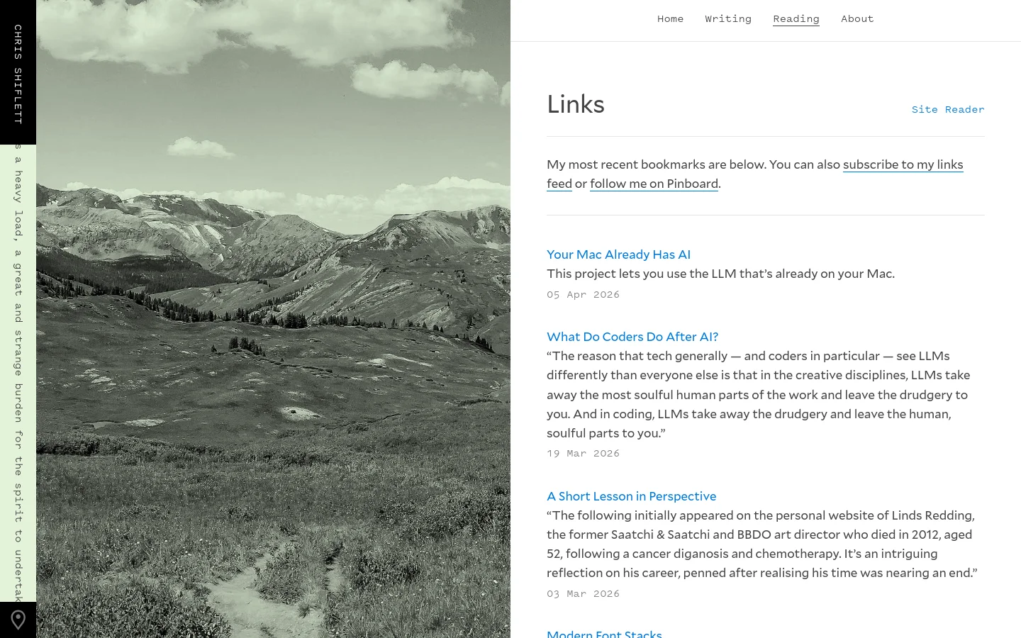 The desktop page features a large, grayscale landscape photograph of mountains and a valley on the left side. On the right, a clean white layout displays the headline 'Links' followed by a list of bookmarked articles, each including a title, a short description, and a date. A simple navigation menu with links for Home, Writing, Reading, and About is located at the top right.