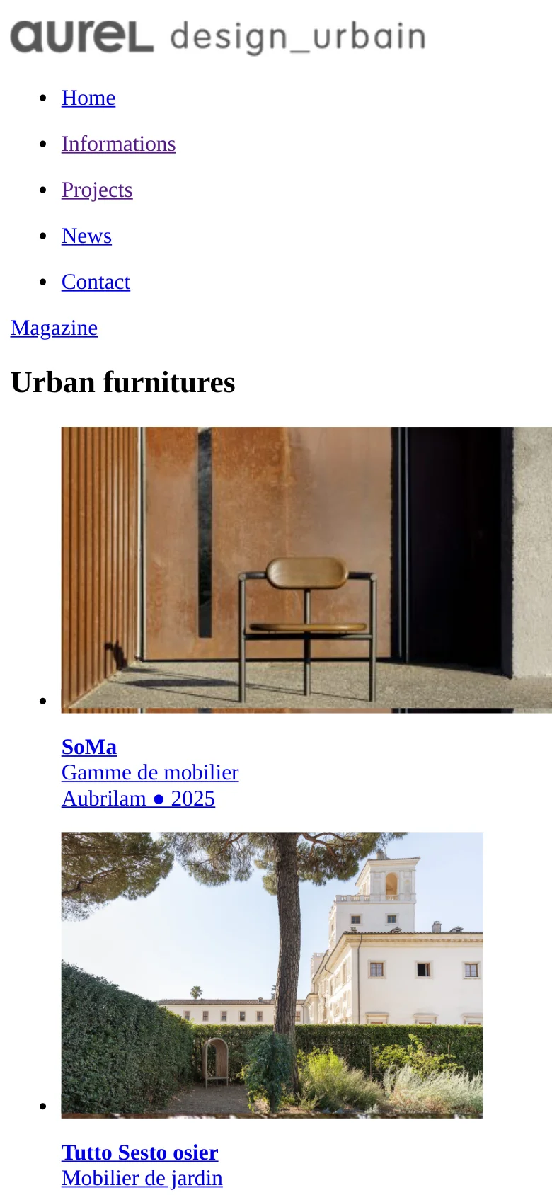 The mobile version maintains the minimalist white and black aesthetic but rearranges the content into a single-column vertical layout. The navigation menu is listed vertically at the top, followed by the 'Urban furnitures' heading and large, full-width project images stacked one after another with their respective titles and descriptions below.