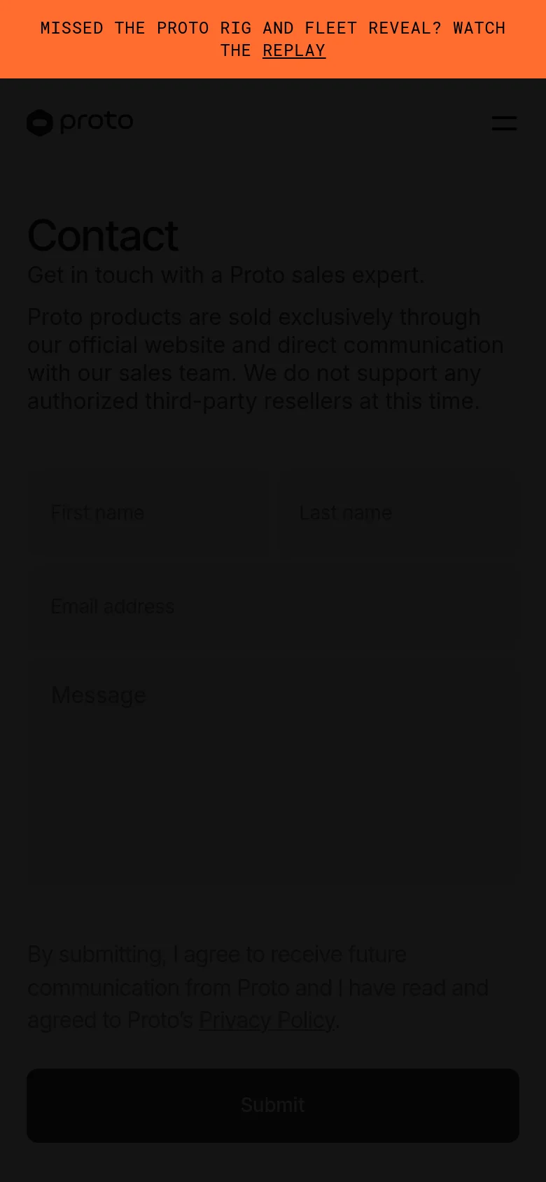 The mobile version maintains the dark theme and contact form layout but uses a simplified navigation bar with a hamburger menu icon. The 'Contact' headline and descriptive text are stacked vertically above the form fields, and the orange announcement banner remains at the top of the viewport.