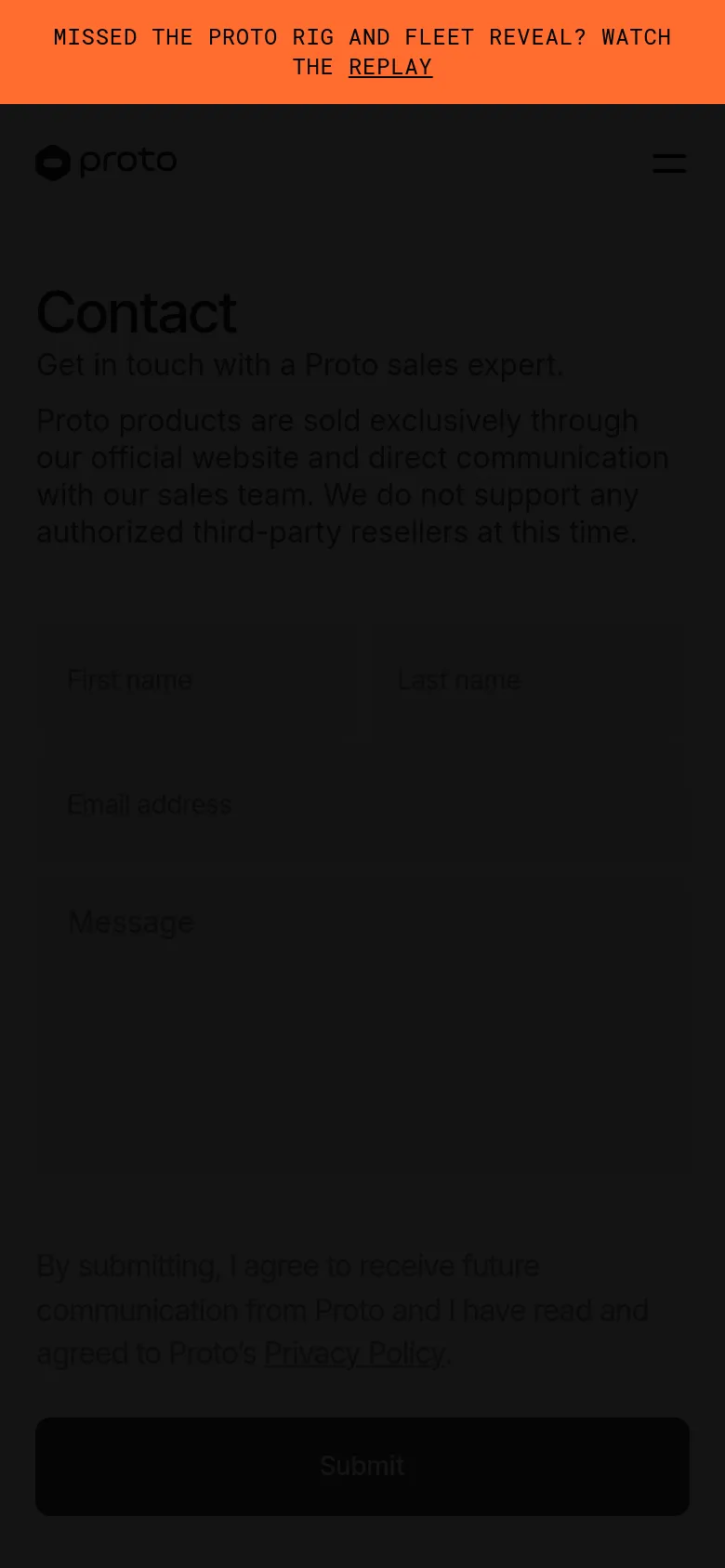 The mobile version maintains the dark theme and contact form layout but uses a simplified navigation bar with a hamburger menu icon. The 'Contact' headline and descriptive text are stacked vertically above the form fields, and the orange announcement banner remains at the top of the viewport.