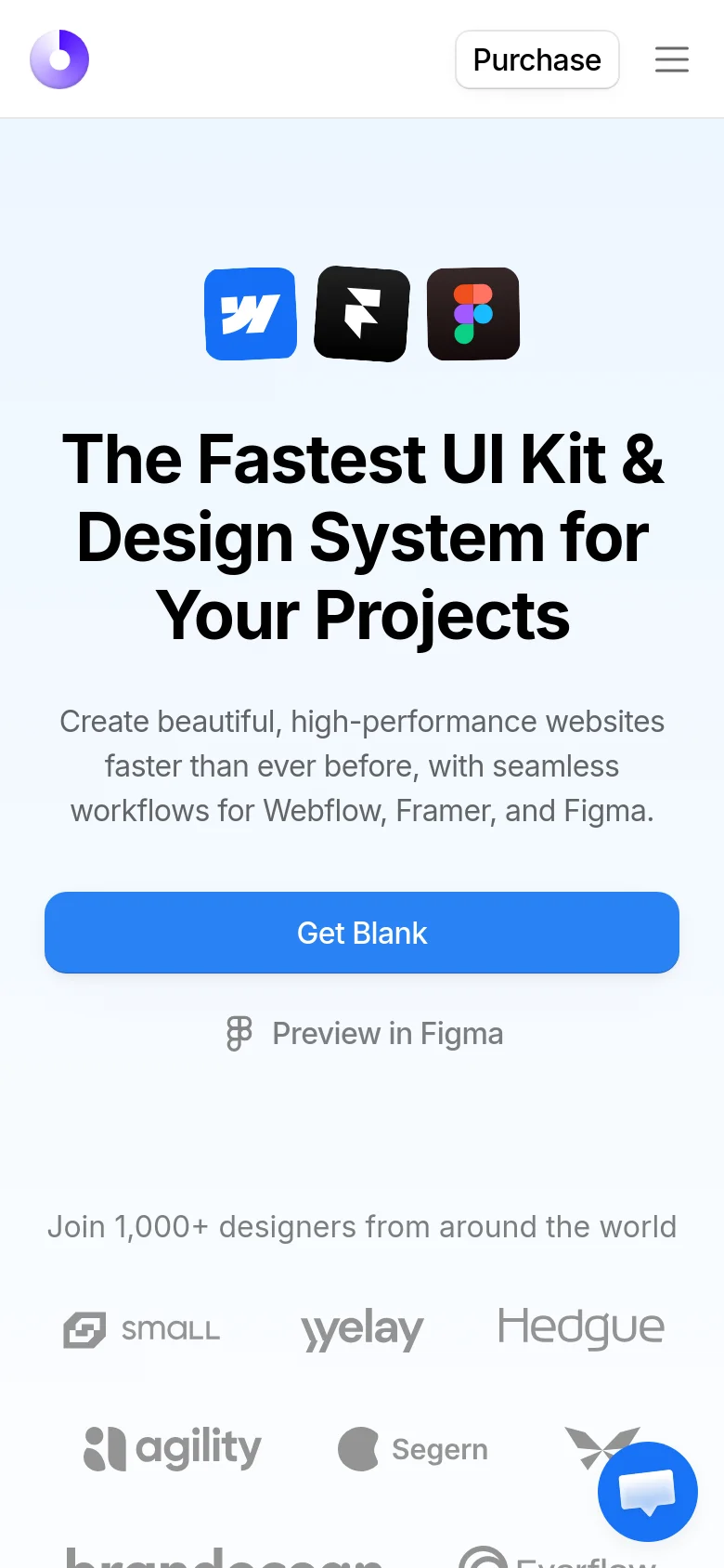 The mobile version uses a single-column vertical layout with centered text and elements. The hero section maintains the large bold headline, blue 'Get Blank' button, and 'Preview in Figma' link, but the top navigation is condensed into a hamburger menu next to a 'Purchase' button. The brand logos at the bottom are stacked or arranged in a tighter grid compared to the desktop view.