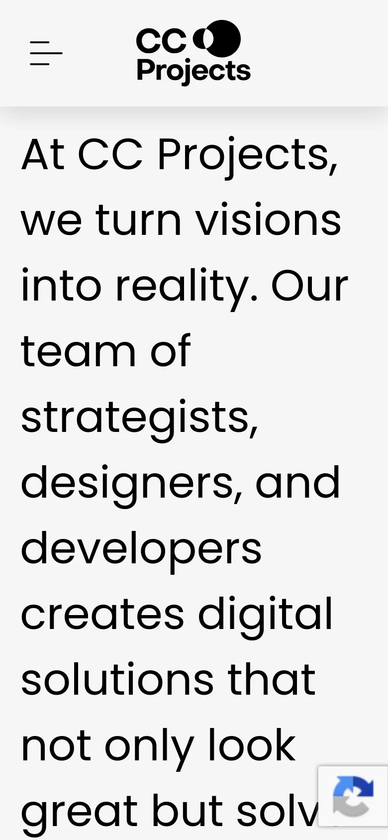 The mobile version uses a simplified layout with a hamburger menu icon and the CC Projects logo at the top. The large, bold mission statement dominates the screen, and the content is stacked vertically for easier scrolling on a narrow viewport.
