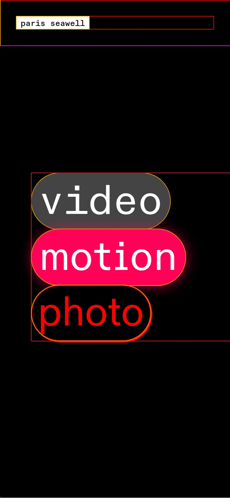 The mobile version maintains the dark aesthetic but stacks the navigation and primary buttons vertically. The 'video', 'motion', and 'photo' pill-shaped buttons are arranged in a single column, centered on the screen to fit the narrow viewport.