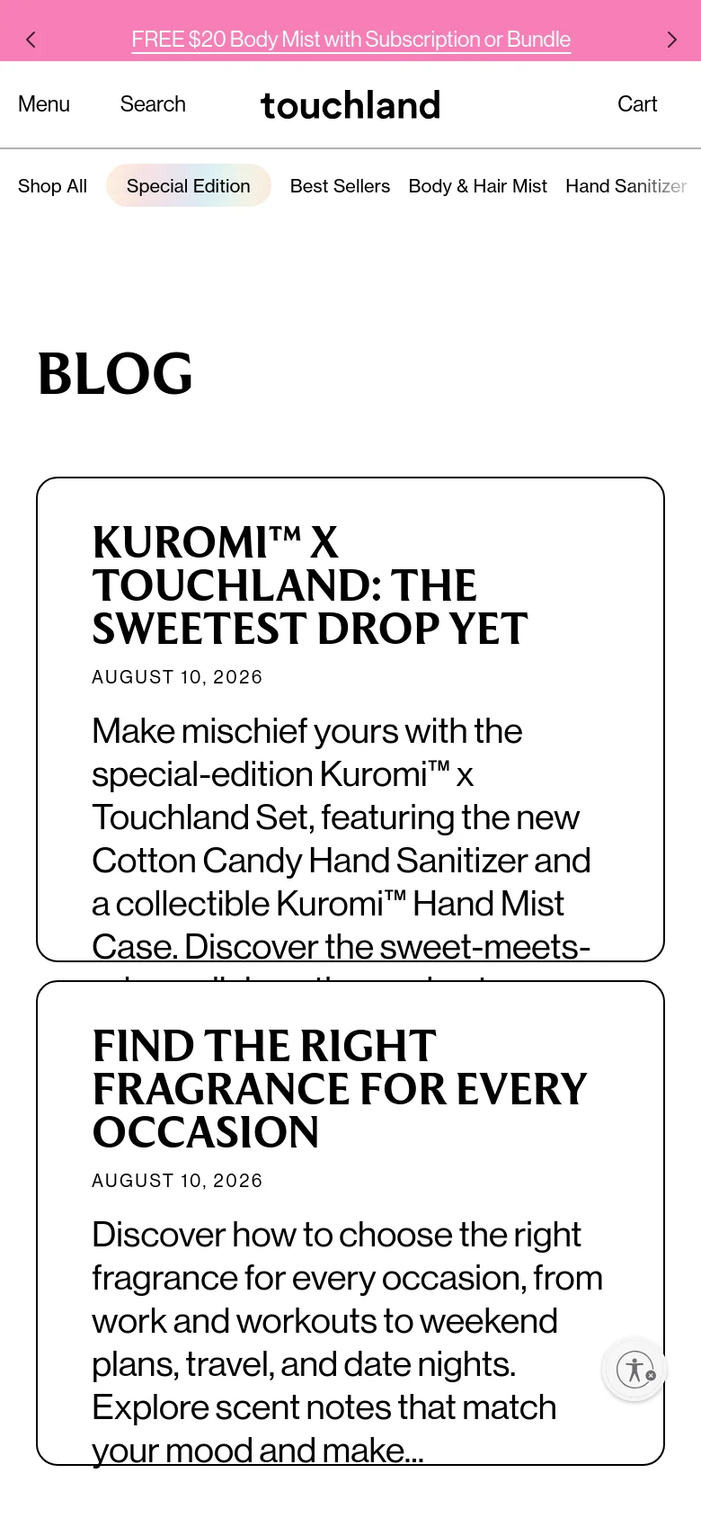 The mobile version presents a simplified vertical layout with a condensed header featuring a hamburger menu, search, and cart icon. The blog posts are displayed as large, single-column cards that span the width of the screen, maintaining the bold typography and minimalist aesthetic of the desktop version.
