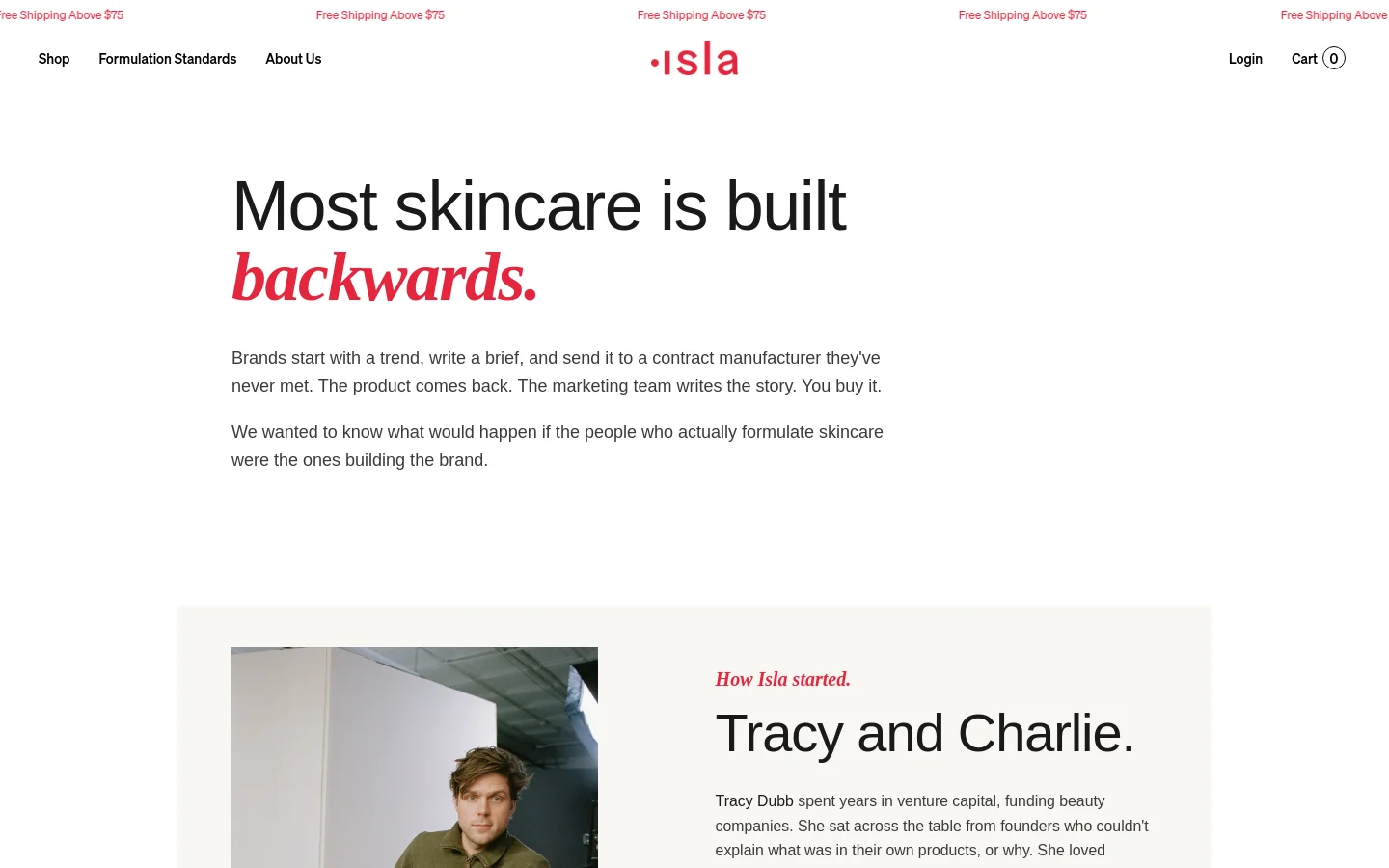 The desktop About Us page features a clean, minimalist design with a white background and black and red typography. A large headline reads 'Most skincare is built backwards,' followed by introductory text and a large photograph of co-founders Tracy and Charlie positioned next to their names. The navigation bar at the top includes links for Shop, Formulation Standards, and About Us, alongside a login and cart icon.