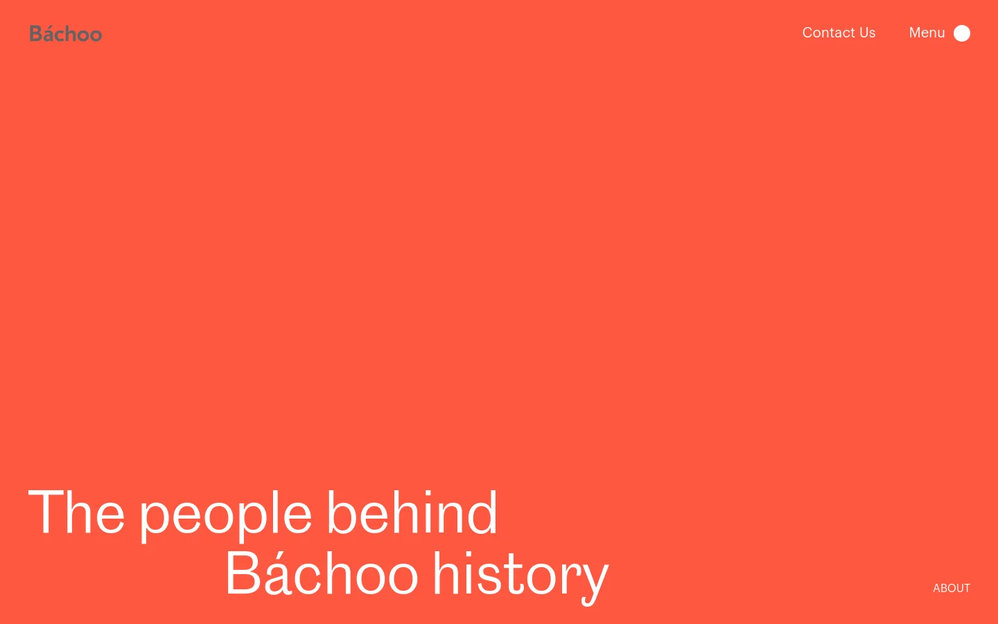 The About Us page features a bold orange hero section with the headline 'The people behind Báchoo history' in large white text. Below the hero, a white section contains text about the studio and a 'Meet our team' section with a filterable grid of team member headshots and names. The layout is spacious with a clean, modern aesthetic using high-contrast typography.