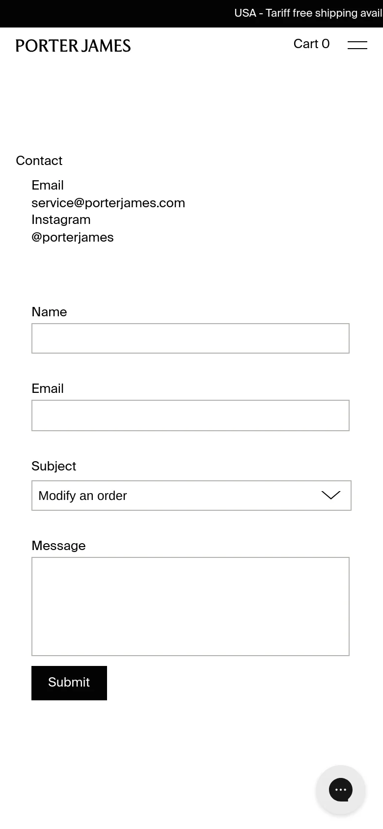 The mobile version presents a simplified vertical layout with the Porter James logo and a hamburger menu icon at the top. The contact details and form fields, including Name, Email, Subject dropdown, and Message box, are stacked vertically for easier scrolling, followed by a prominent black Submit button.