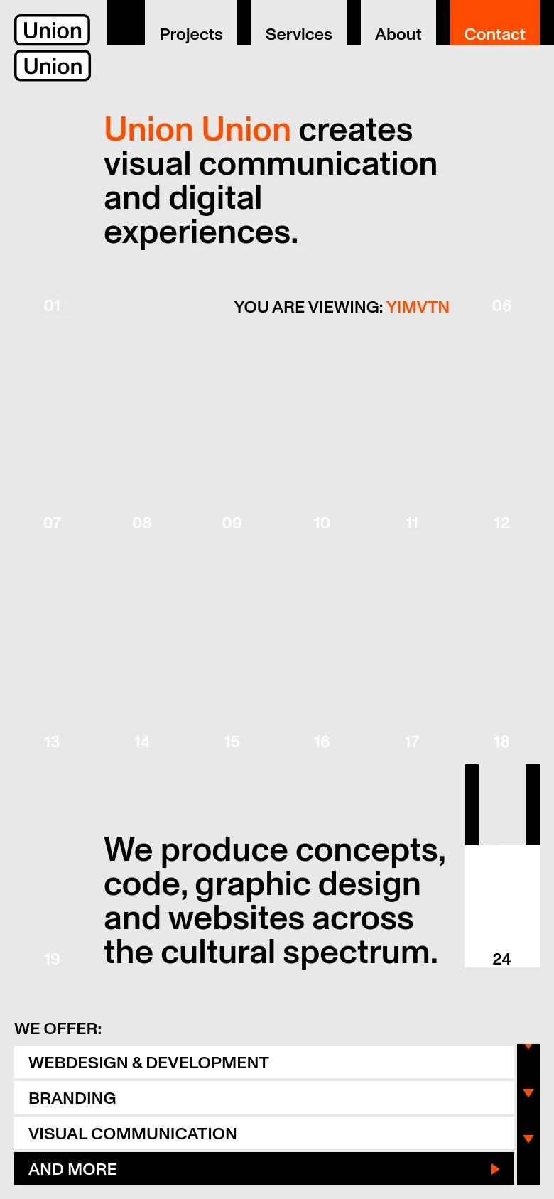 The mobile version maintains the minimalist aesthetic but uses a vertical stack for the content. The hero text is centered and prominent, while the navigation and 'We Offer' service list are simplified into full-width blocks for easier tapping on a smaller screen.