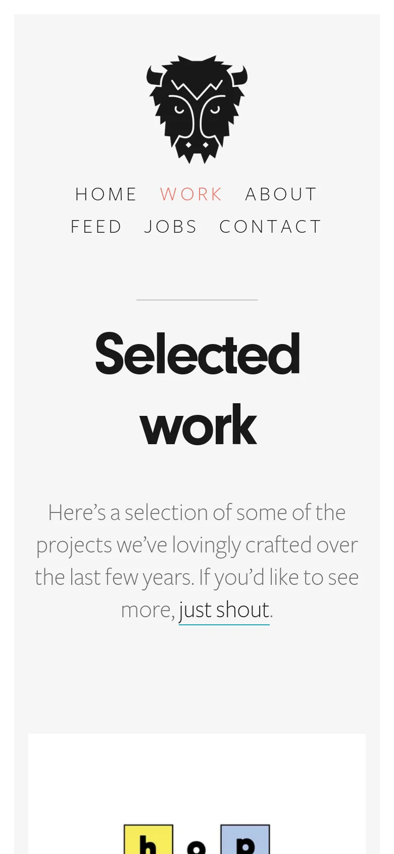 The mobile version simplifies the layout into a single vertical column. The navigation links are stacked below the buffalo logo, and the 'Selected work' headline and introductory text are centered, with the project tiles appearing in a single-file scrollable format.