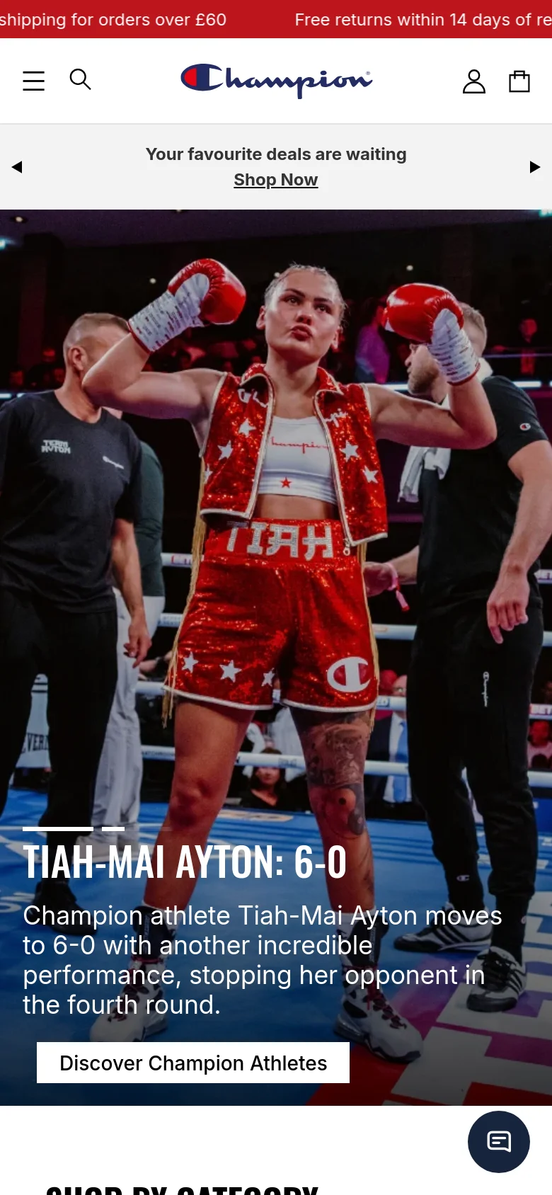 The mobile version uses a condensed layout with a hamburger menu and a simplified header containing the Champion logo, search, profile, and bag icons. The hero banners are stacked vertically and optimized for portrait viewing, featuring large text overlays and full-width images for the Civilist collection and athlete features. A 'Shop Now' promotional bar is pinned below the header, and the category section follows a single-column or smaller grid format.