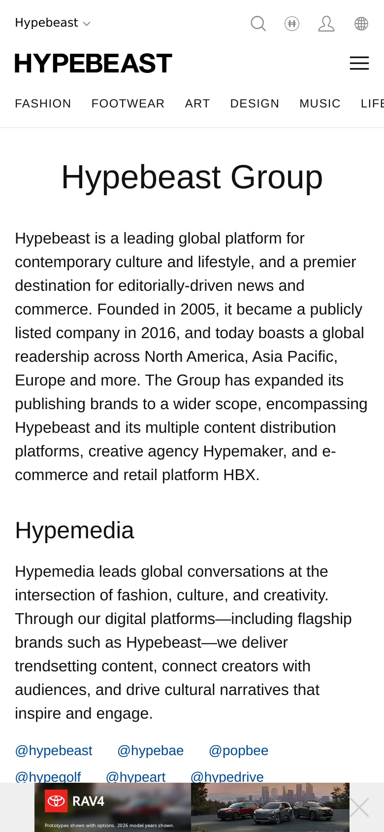 The mobile version presents a streamlined vertical layout with a condensed navigation menu represented by a hamburger icon and a search icon. The Hypebeast logo is centered at the top, and the typography for the 'Hypebeast Group' headline and section headings remains large and bold to ensure readability on a smaller screen.