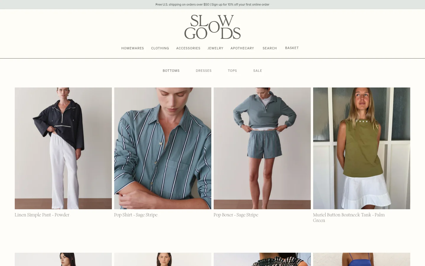 The Clothing collection page features a minimalist design with a white background and black text. A navigation menu at the top includes categories like Bottoms, Dresses, Tops, and Sale, positioned below the Slow Goods logo. A grid of product images displays various apparel items, such as linen pants and striped shirts, each accompanied by a title and price.
