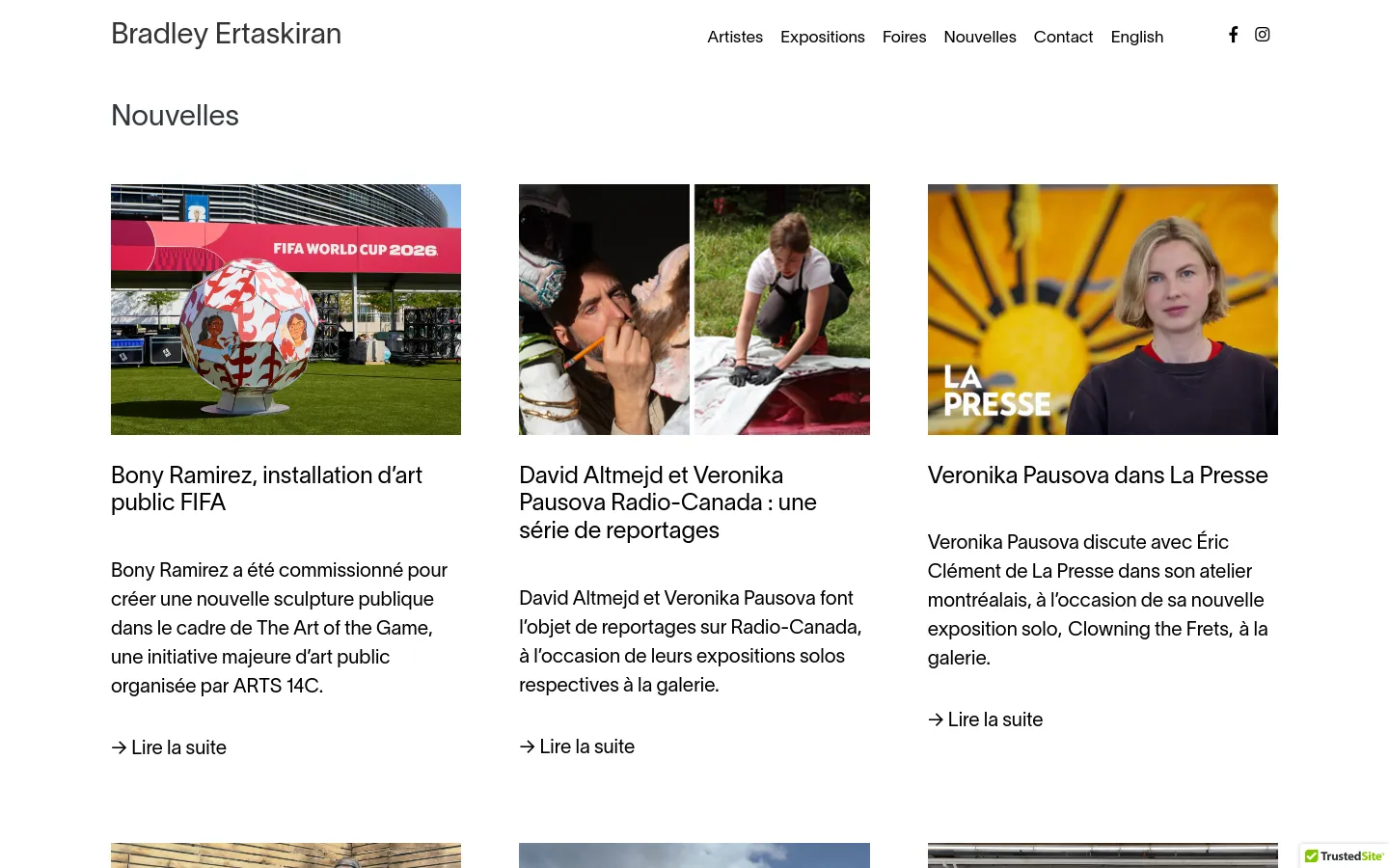The 'Nouvelles' page features a clean, minimalist layout with a white background and black text. A grid of news articles displays large rectangular images above bold headlines, short descriptions, and 'Lire la suite' text links. The desktop navigation menu is horizontal at the top right, including links for Artistes, Expositions, and a language toggle.