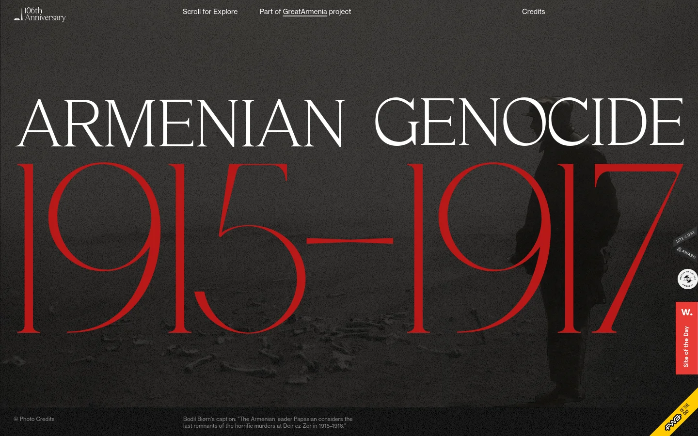 The desktop homepage features a dark, somber aesthetic with large white and red typography reading 'ARMENIAN GENOCIDE 1915-1917' overlaid on a dark background. Navigation links for 'Scroll for Explore', 'Part of GreatArmenia project', and 'Credits' are at the top, while a caption about Armenian leader Papasian sits at the bottom. A vertical 'Site of the Day' award badge is visible on the right edge.