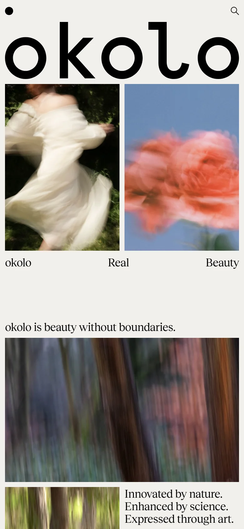 The mobile version maintains the minimalist cream and black aesthetic but uses a vertical stack layout. The large 'okolo' logo and blurred artistic imagery are scaled to fit the narrow screen, with navigation condensed into a simplified view.