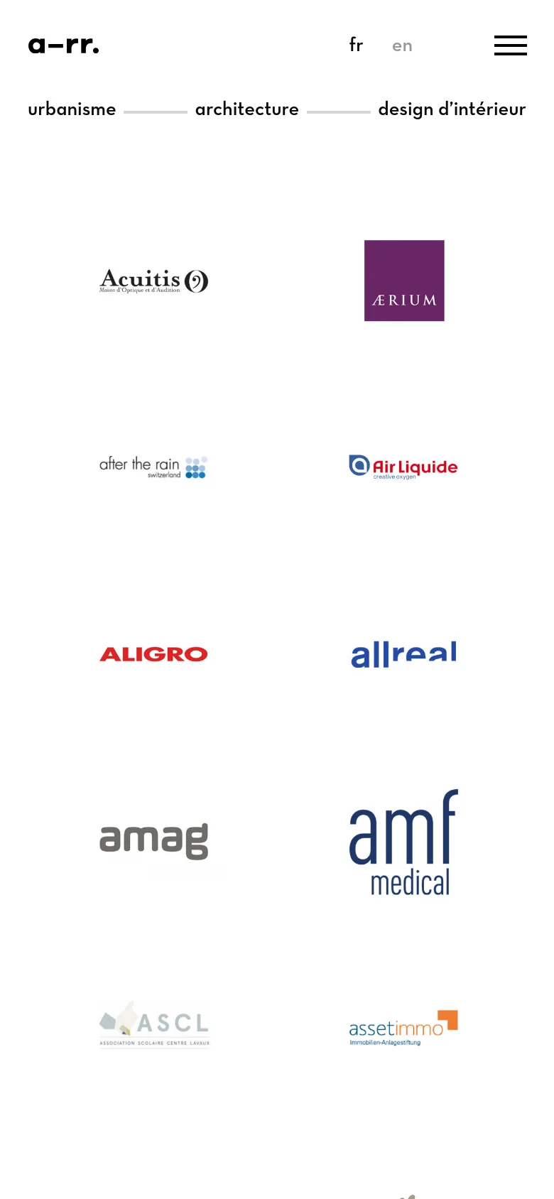The mobile version presents a simplified view with the logo and language selectors at the top, followed by a hamburger menu icon. The client logos are arranged in a single-column vertical stack, and the sidebar navigation is removed to prioritize a clean, vertical scrolling experience.