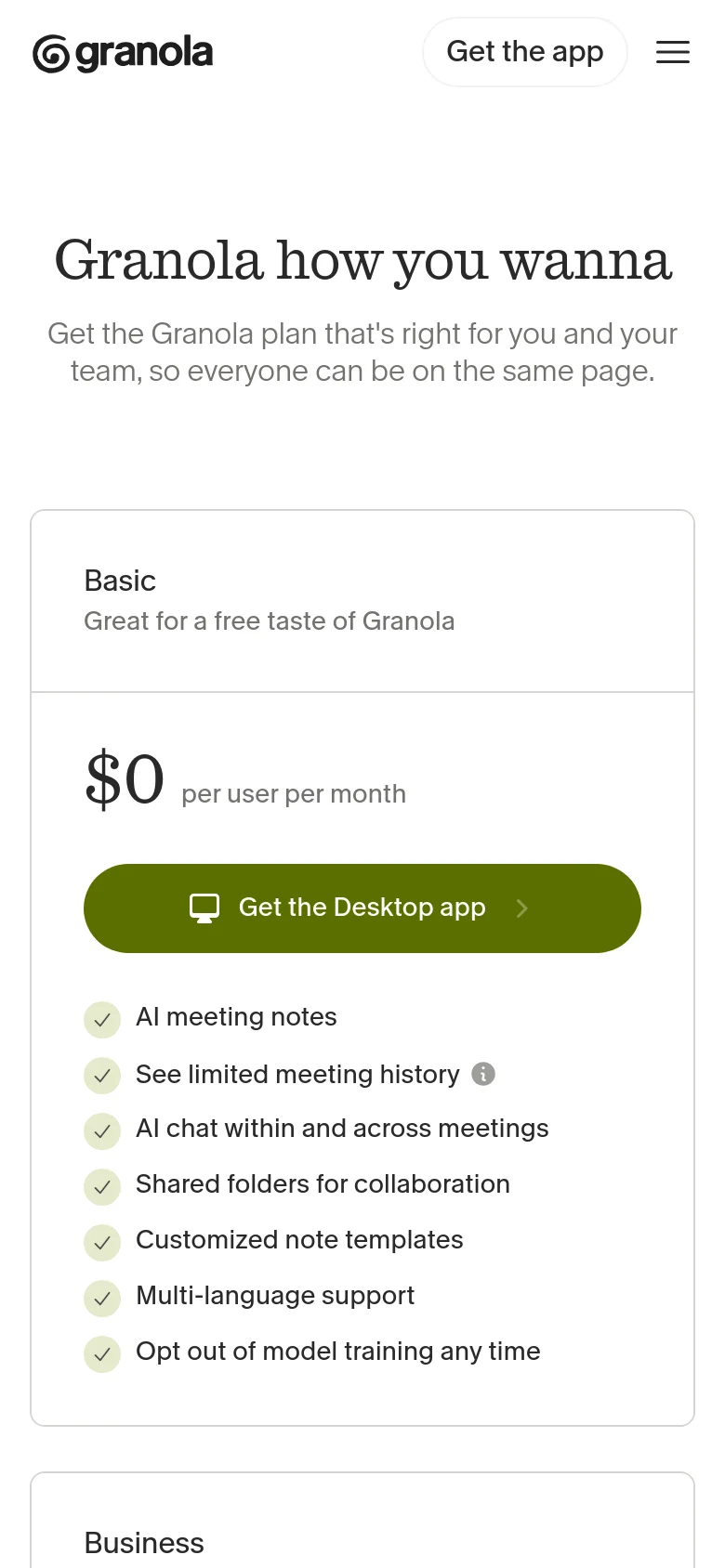 Granola pricing page in a mobile-responsive stacked layout. The pricing cards for Basic, Business, and Enterprise plans are arranged vertically, featuring large serif headings, olive green buttons, and simplified feature lists for easy scrolling on small screens.