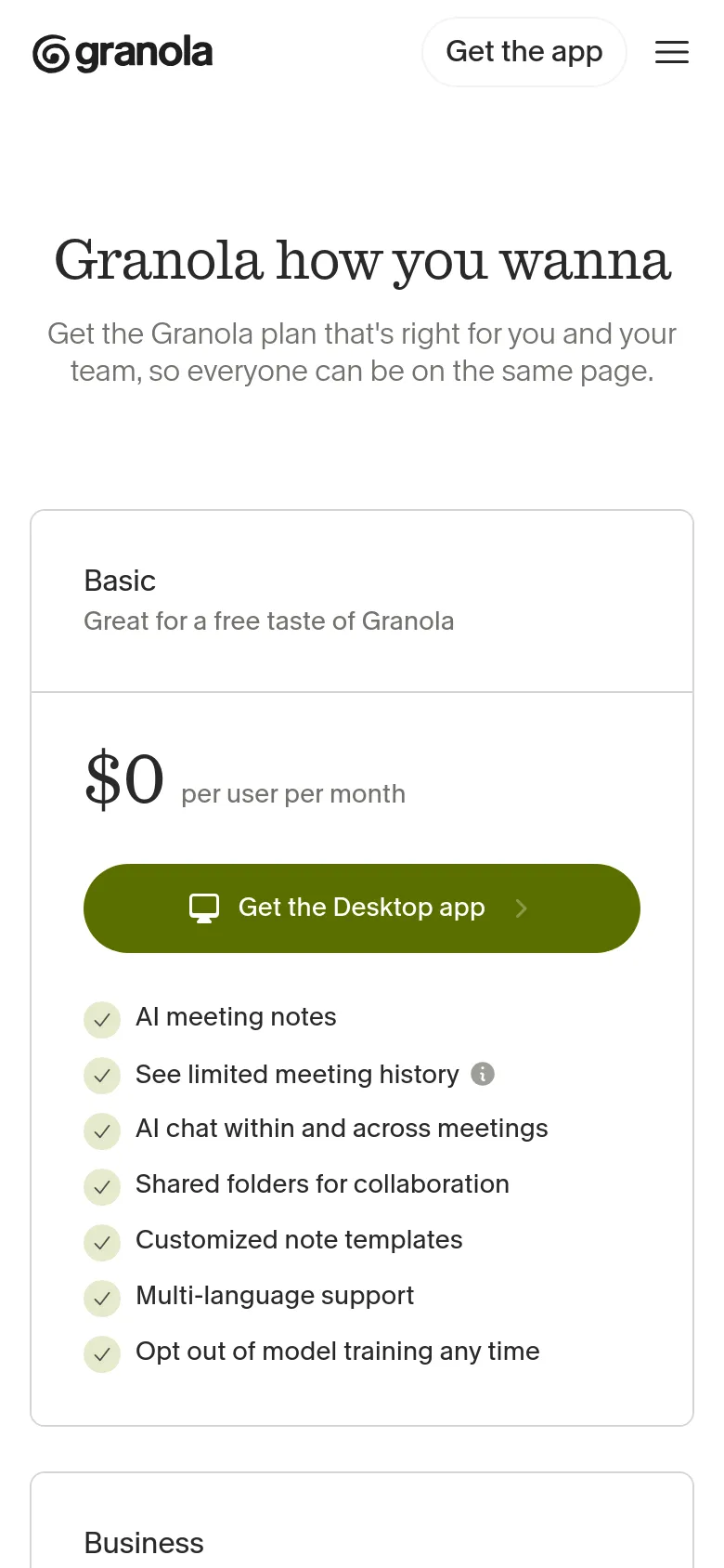 Granola pricing page in a mobile-responsive stacked layout. The pricing cards for Basic, Business, and Enterprise plans are arranged vertically, featuring large serif headings, olive green buttons, and simplified feature lists for easy scrolling on small screens.
